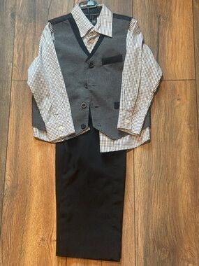 Boys Grey Vest & Black Pants Suit Dress Set with Checked Shirt